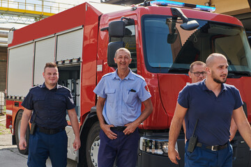 Fototapeta na wymiar A skilled and dedicated professional firefighting team proudly poses in front of their state of the art firetruck, showcasing their modern equipment and commitment to ensuring public safety.