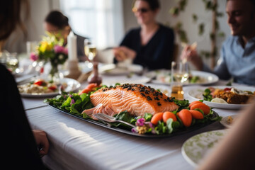 Dinner table with delicious healthy food, grilled salmon and salads. Happy joyful people enjoying...