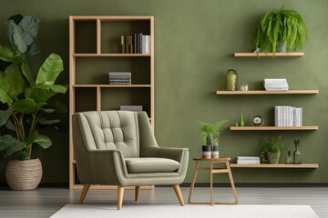 Aesthetic design of green sofa and minimalist chairs with spacious room and bookshelf. Scandinavian house interior design, modern living room with green plants. Comfortable home room design