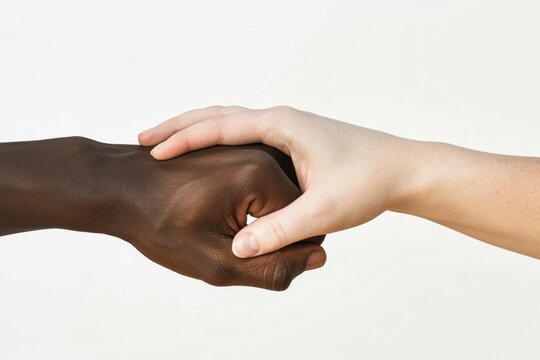 Close-up view of white woman and black man holding hands isolated on white background; unity and inclusion concept
