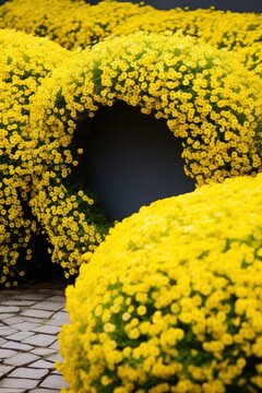 gorgeous golden shrub in full bloom - alyssum saxatile - overlapping wall made of concrete rings and rock garden.
