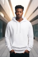 mockup of african-american male wearing white hoodie with african-inspired design
