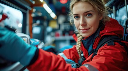 Focused female EMT providing care in an ambulance, illustrating emergency medical response.