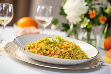 Table setting with food, quinoa salad with orange and pistachio