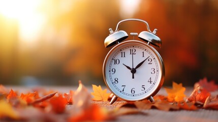 almost time concept, Alarm clock in colorful autumn leaves