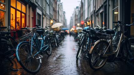 Fototapeta na wymiar Lot of old bicycles on the bike parking under rain