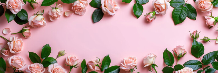 Flowers composition. Frame made of pink roses on pastel pink background. Flat lay, top view, copy space