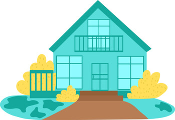Turquoise house with balcony and bushes, front yard with fence and pathway, cartoon suburban home.