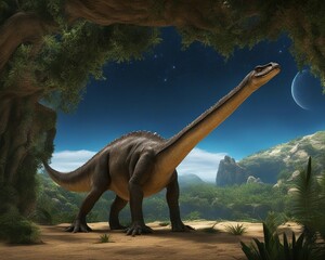 Fototapeta premium dinosaur in the forest A sauropod was a curious animal that inhabited the earth in the ancient times, 