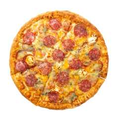 Delicious classic italian Pizza Pepperoni with sausages and cheese mozzarella. Fresh italian classic original pepperoni pizza isolated on white background.