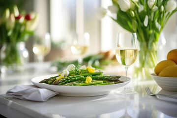 Table setting with food, grilled asparagus salad - obrazy, fototapety, plakaty