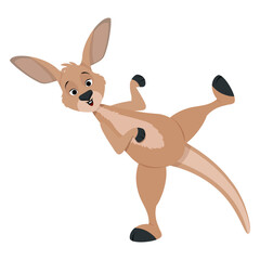 Funny cartoon brown kangaroo with raised leg