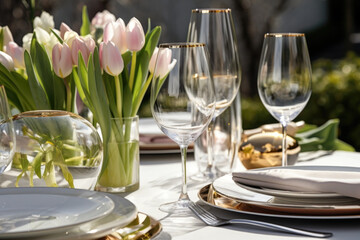 Festive dinner table setting with cutlery, wine glasses and tulip flowers