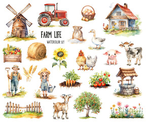 Big watercolor set of farm life with windmill, tractor, animals, vegetables, farmers, and other elements isolated on white background.