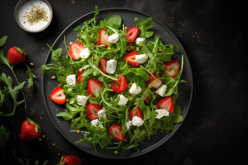 Healthy diet strawberry salad with arugula and feta cheese in the plate close up, top view