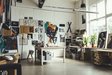 A creative workspace with minimalistic art on the walls. - obrazy, fototapety, plakaty