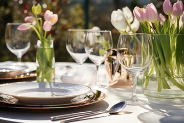 Festive dinner table setting with cutlery, wine glasses and tulip flowers