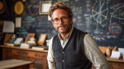 Fototapeta premium Experienced high school teacher in front of a blackboard, representing mathematics education.