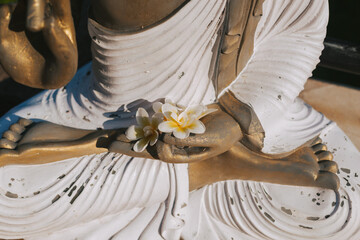A statuette of Buddha with a frangipani flower in the sun. Concept of meditation and yoga classes