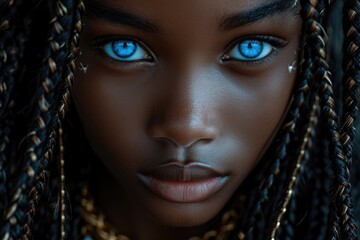 Close-up portrait of a dark-skinned young woman, blue eyes, golden jewelry style, unearthly beauty, well-groomed skin