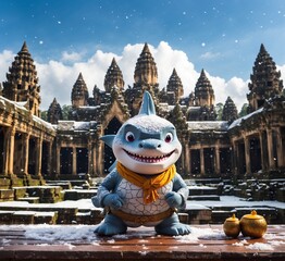 Fototapeta premium Funny Shark Mascot Character with Angkor Wat, Siem Reap, Cambodia, Asia.
