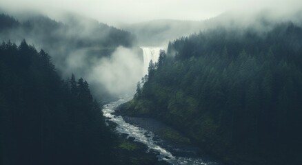 waterfall in the style of atmospheric woodland imagery, misty gothic, aerial view.