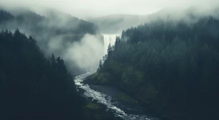 Fotobehang waterfall in the style of atmospheric woodland imagery, misty gothic, aerial view. © olegganko