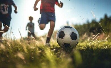 Obraz na płótnie Canvas children kicking soccer ball in grass on sunny day.