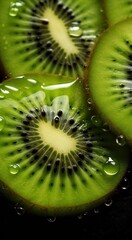 some kiwi slices with small water droplets.