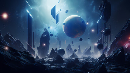 A space adventure, planets, stars, rockets, blue and black colors, sci-fi style, abstract polygons and stars