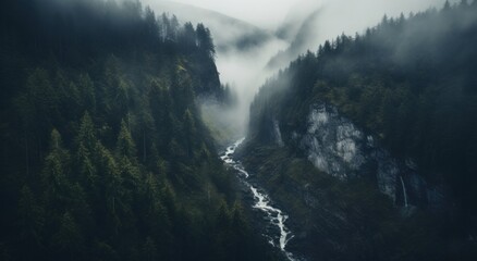 waterfall in the style of atmospheric woodland imagery, misty gothic, aerial view.