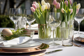 Festive dinner table setting with cutlery, wine glasses and tulip flowers