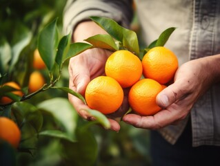 Close up of farmer male hands picking fresh oranges fruits. the front view. Organic food, harvesting and farming concept.