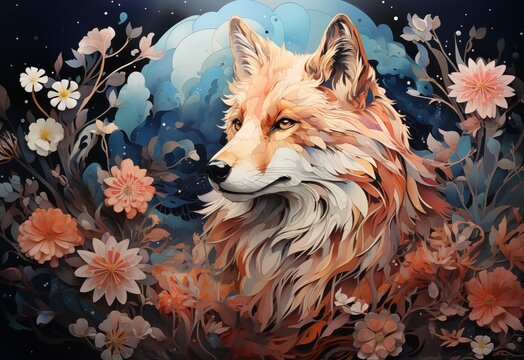 Watercolor fox with flowers. Watercolor background Fox Illustration on a grassy field. Watercolor painting design
