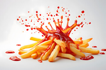Delicious potato fries falling into splashing tomato ketchup isolated on white - obrazy, fototapety, plakaty