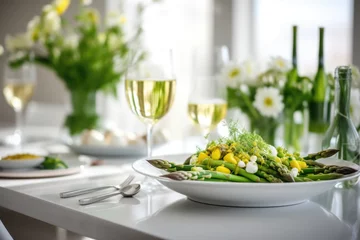 Poster Table setting with food, grilled asparagus salad © pilipphoto