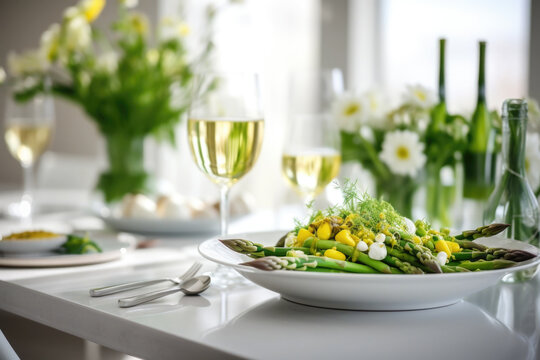 Table setting with food, grilled asparagus salad