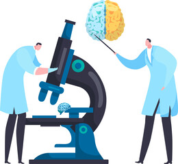 Scientists examining brain with microscope. One researcher analyzing brain model, other adjusting the microscope. Concept of neuroscience research vector illustration.