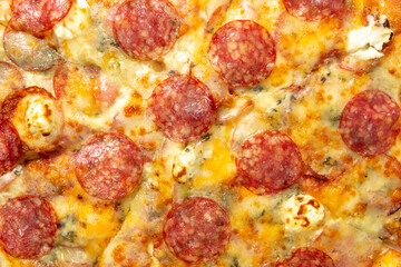Background with delicious classic italian Pizza Pepperoni with sausages and cheese mozzarella.