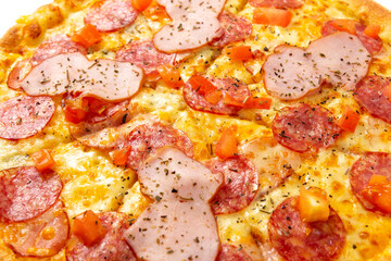 Background with delicious classic italian Pizza Pepperoni with sausages and cheese mozzarella.