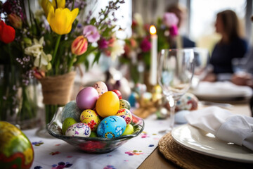 Obraz na płótnie Canvas Happy multi generational family having Easter dinner together, table setting with traditional food and spring flowers for Easter celebration