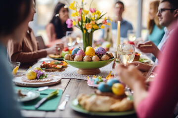Happy multi generational family having Easter dinner together, table setting with traditional food...