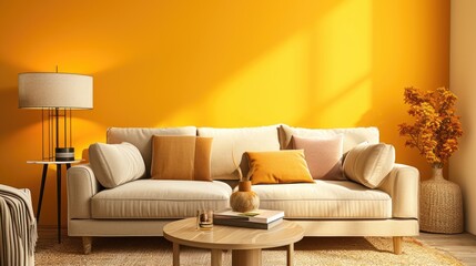  showcasing the rich textures of the beige sofa, vibrant yellow wall, and the intricate details of the side tables and lamps