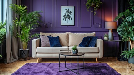 A warm, inviting modern living room captured with a wide-angle shot , showcasing the rich textures of the beige sofa, vibrant purple wall, and the intricate details of the side tables and lamps,
