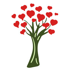 Obraz premium Tree with red hearts, vector illustration of Valentine's day. Icon element on white background, hand drawn. Design for gifts, invitations, frames, banners, menus, labels and websites.