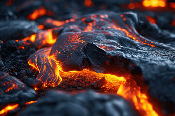 Black Volcanic Stones And Flowing Lava Closeup
