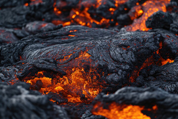 Close-Up Of Flowing Lava Amidst Black Volcanic Stones
