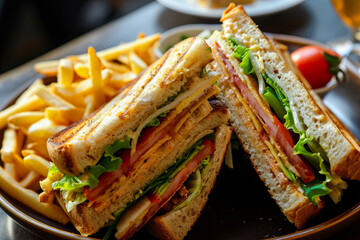 Mouthwatering club sandwich and French fries - Powered by Adobe