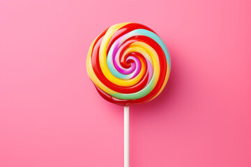 A multi-colored lollipop spins on a white stick on a pink background. Top view, copy space
