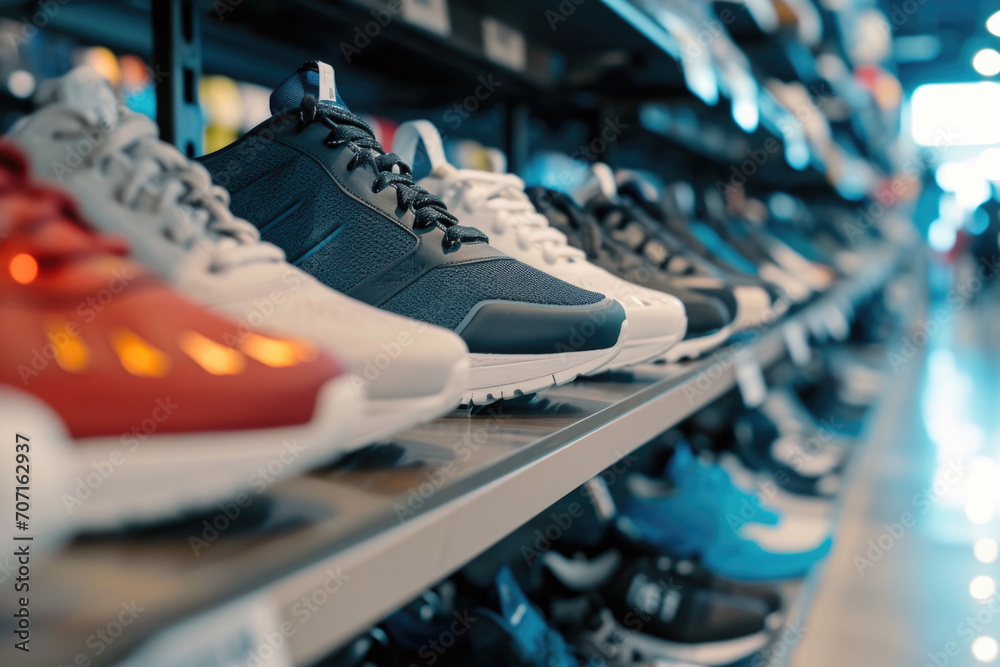 Wall mural Closeup Of Sporty Sneakers Lined Up On Store Shelf